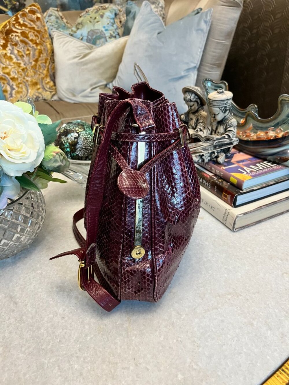 vintage snakeskin drawstring satchel wine gold trim handbag - Picture 3 of 7